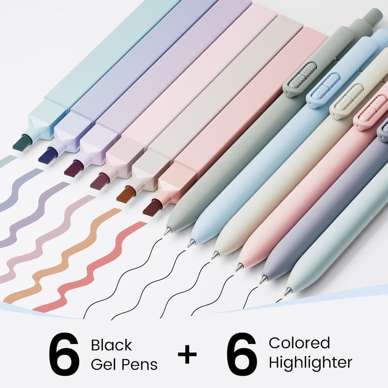 Jimmidda - 12 Pack Gel Pens, 0.7mm Black Ink Fine Point Smooth Writing with Aesthetic Highlighters, Quick-dry Long-lasting Pens Set for Journaling School Office Supplies(6 Pens + 6 Highlighters) - Image 2